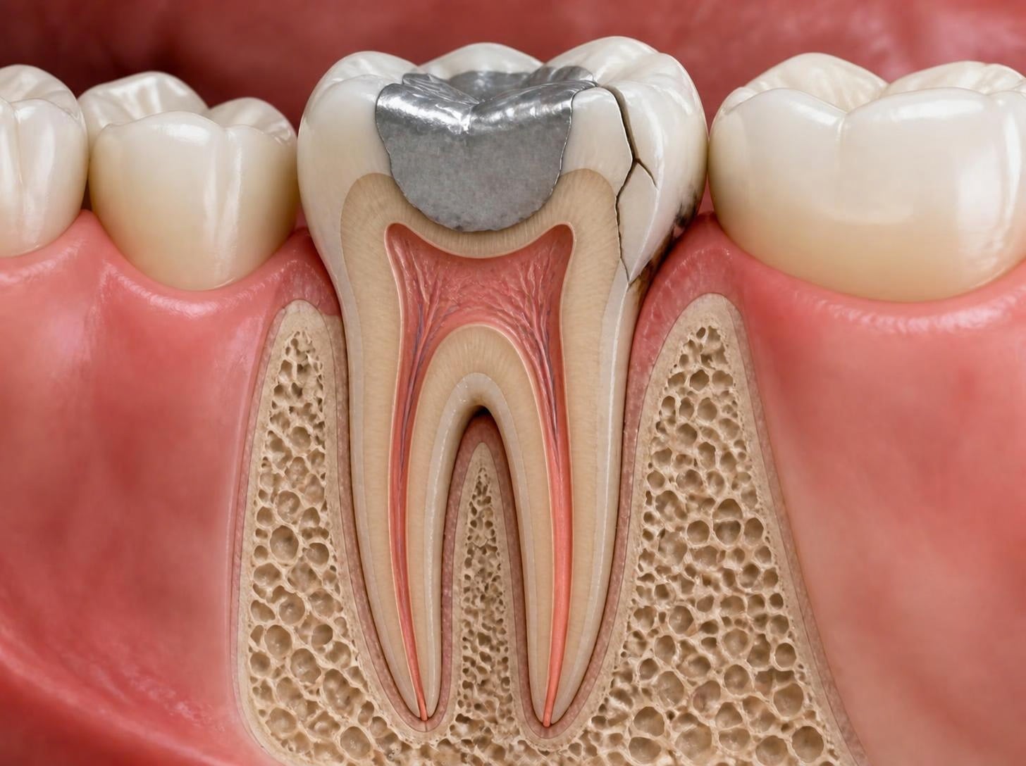 Illustration of a heavily filled molar with a crack through the cusp