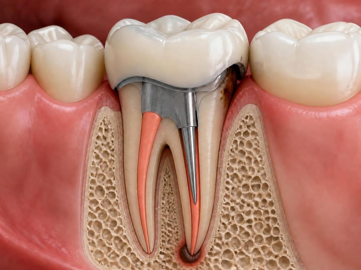 Illustration of a crowned, root canal treated molar with a periapical infection at the root tip