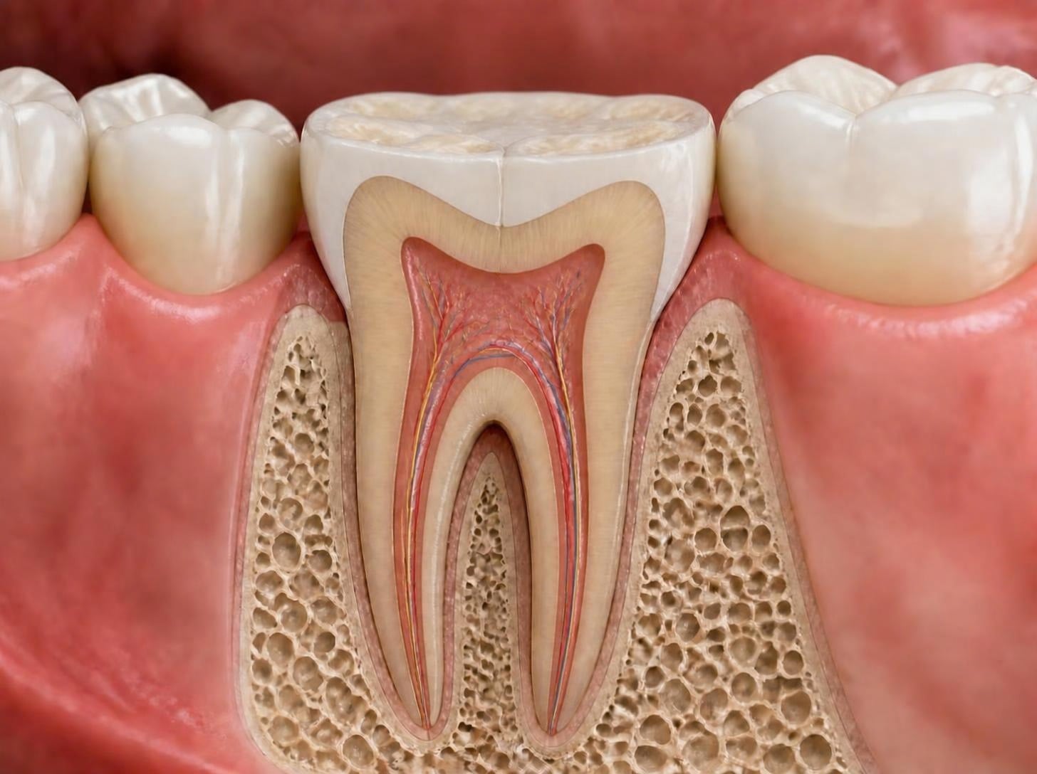 Illustration of a worn molar with flattened biting surfaces and healthy pulp